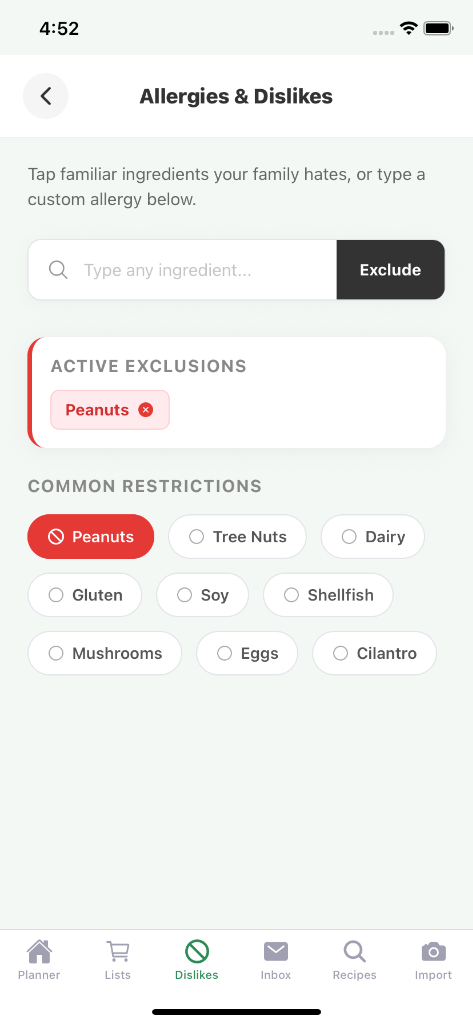 Allergies & Dislikes Exclusions