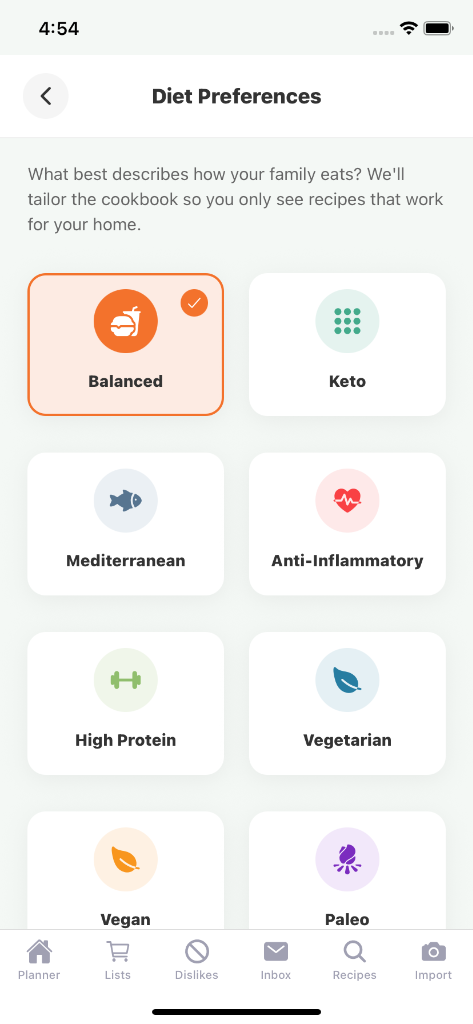 Diet Preferences Selection